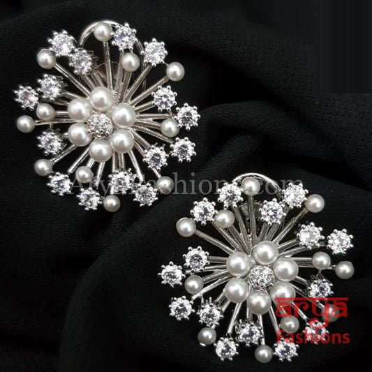 Silver Pearl Cubic Zirconia Designer Studs