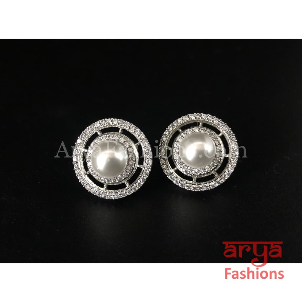 Silver Pearl Cubic Zirconia Round Studs