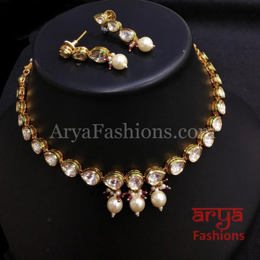 Single line Kundan Necklace with Pearl Drops