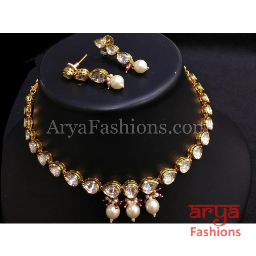 Single line Kundan Necklace with Pearl Drops