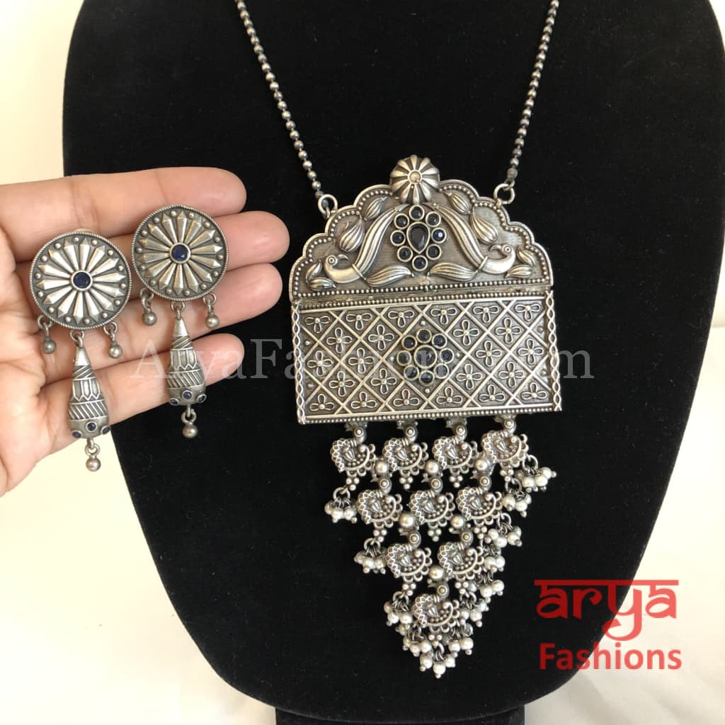 Siya Blue Oxidized Silver Long Statement Necklace