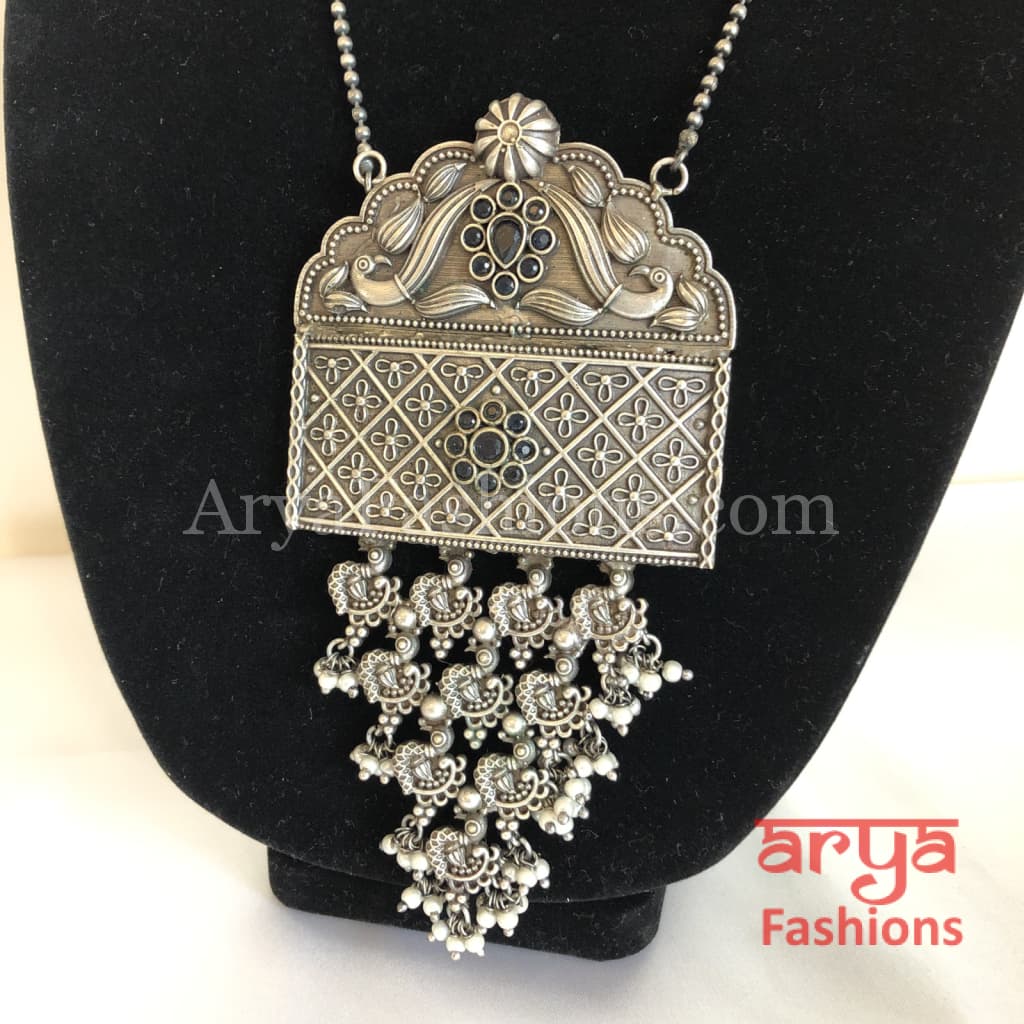 Siya Blue Oxidized Silver Long Statement Necklace