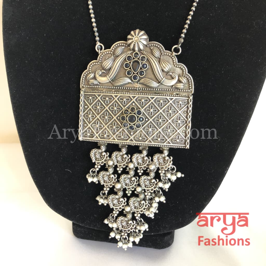 Siya Blue Oxidized Silver Long Statement Necklace