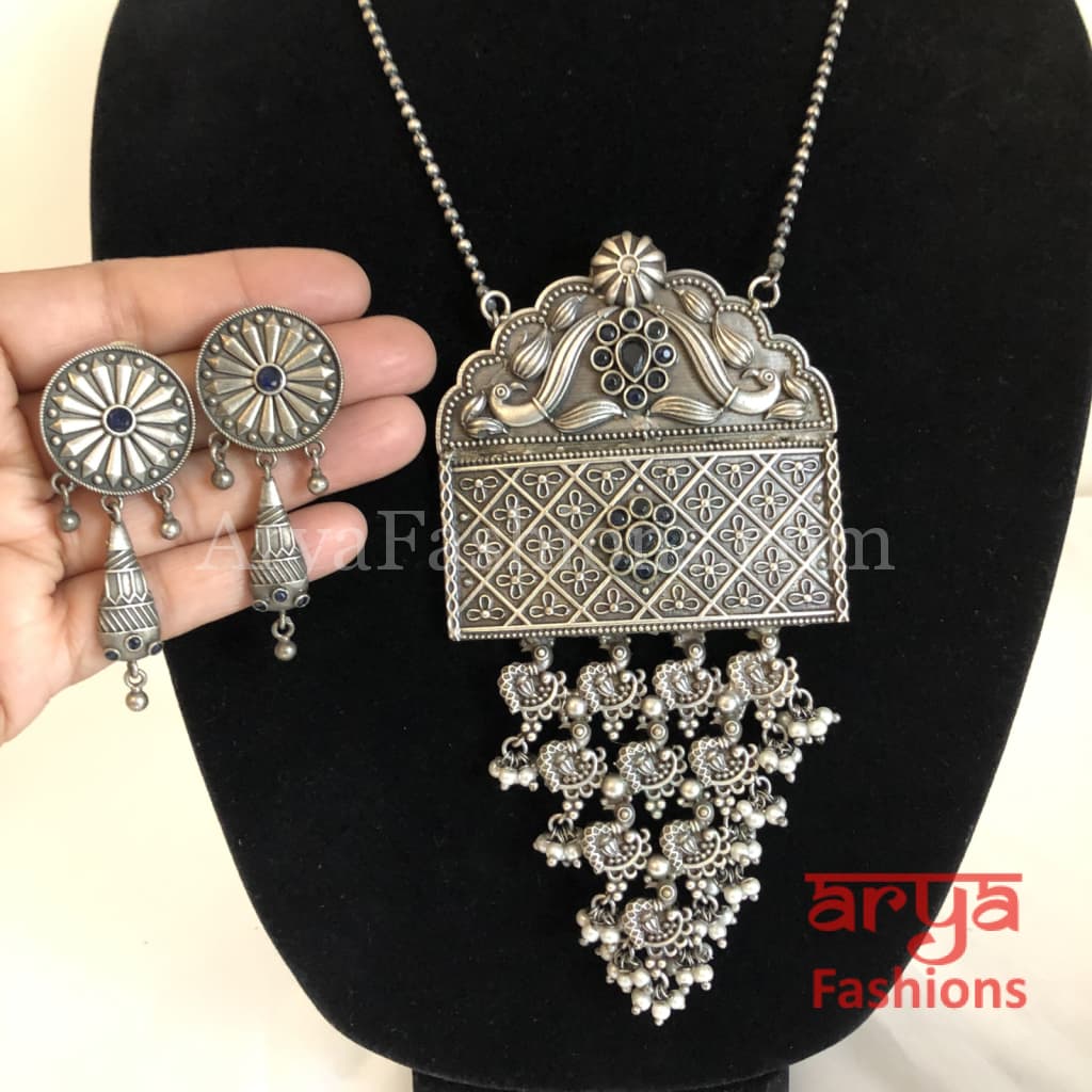 Siya Blue Oxidized Silver Long Statement Necklace