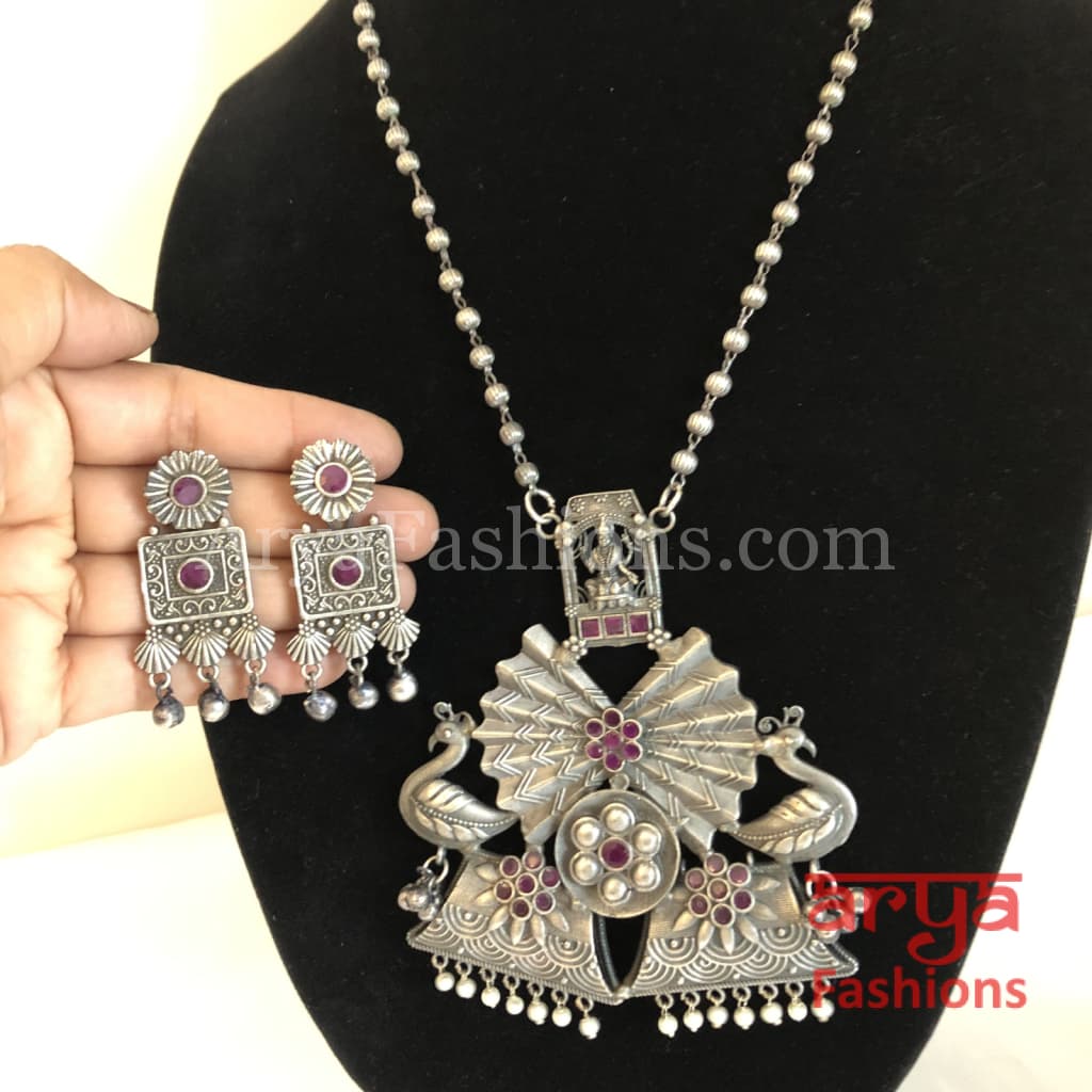 Siya Ethnic Oxidized Silver Long Statement Necklace in Pink Stones