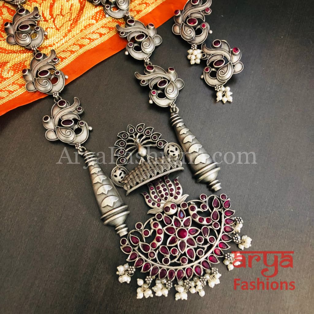 Siya Oxidized Silver Long Statement Necklace with Pink Stones