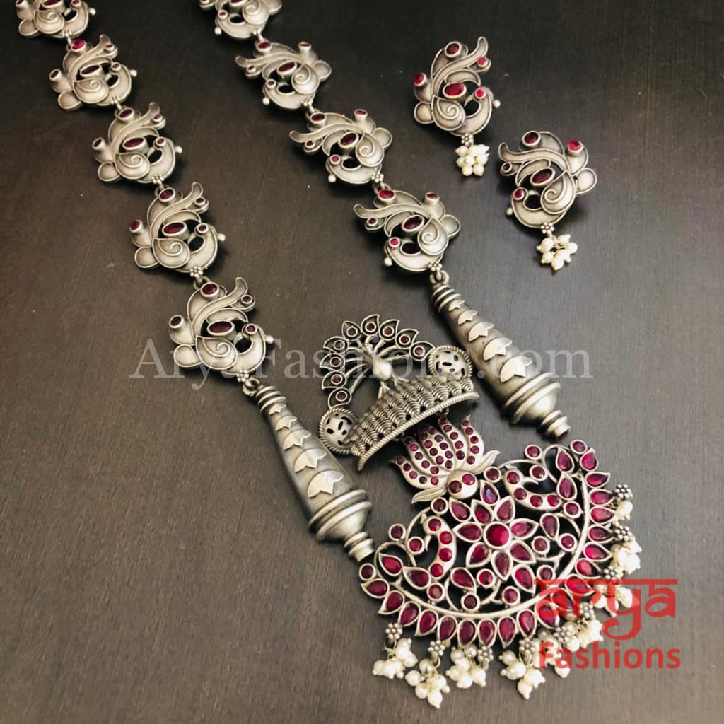 Siya Oxidized Silver Long Statement Necklace with Pink Stones