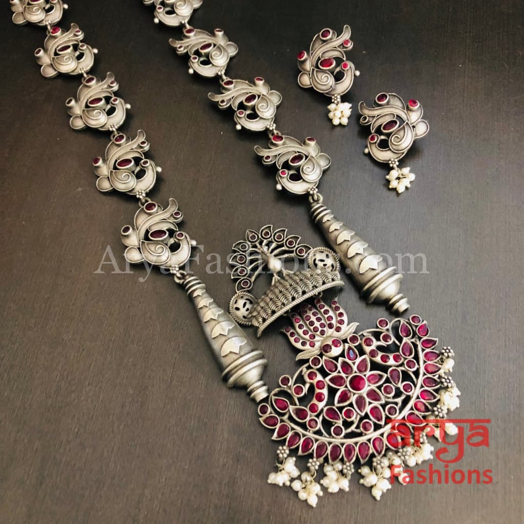 Siya Oxidized Silver Long Statement Necklace with Pink Stones