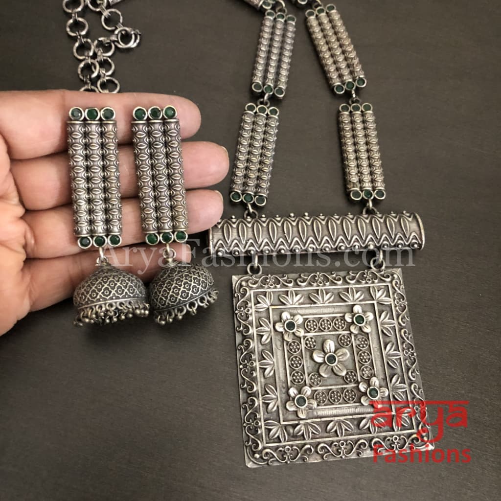 Siya Square Pendant German Silver Tribal Necklace