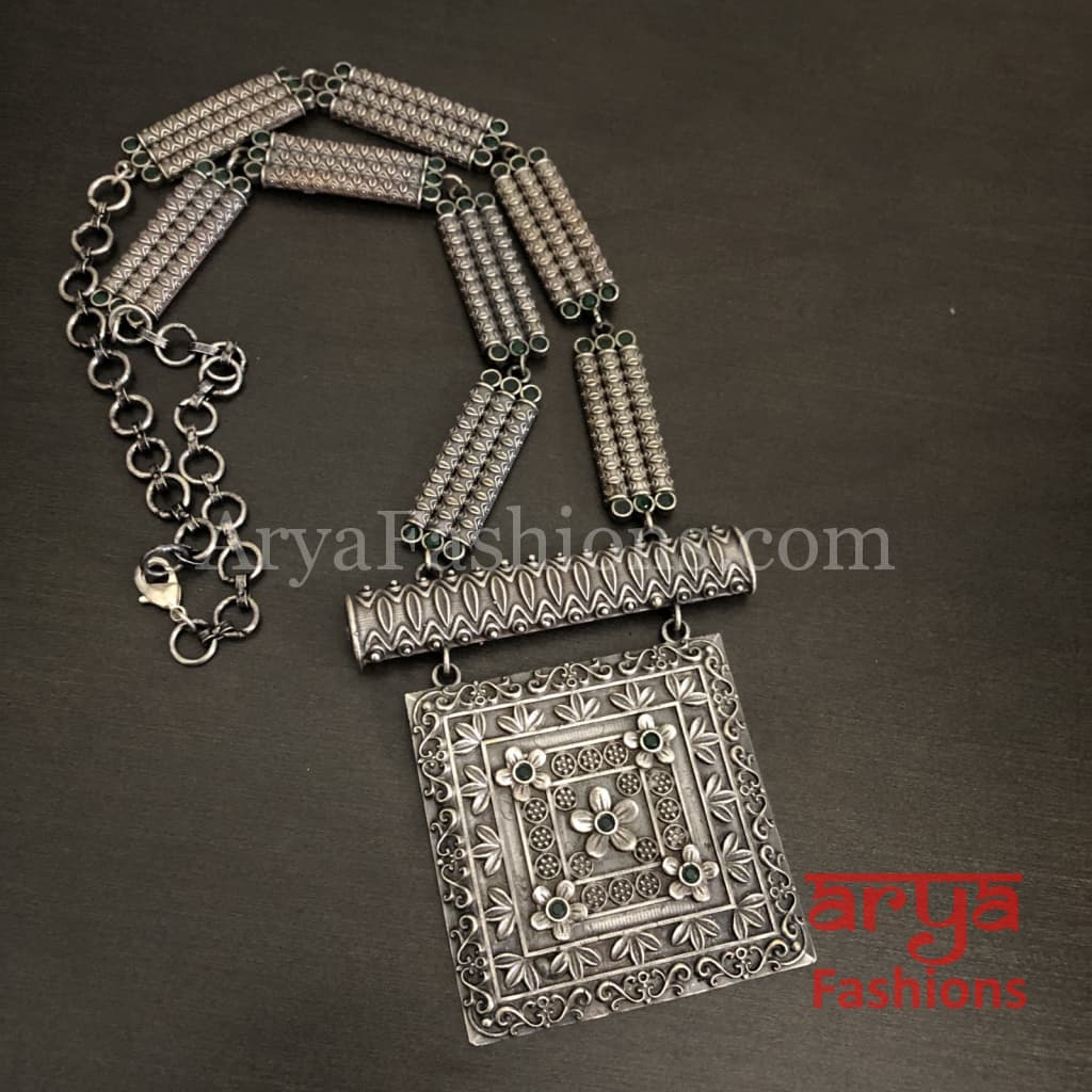 Siya Square Pendant German Silver Tribal Necklace