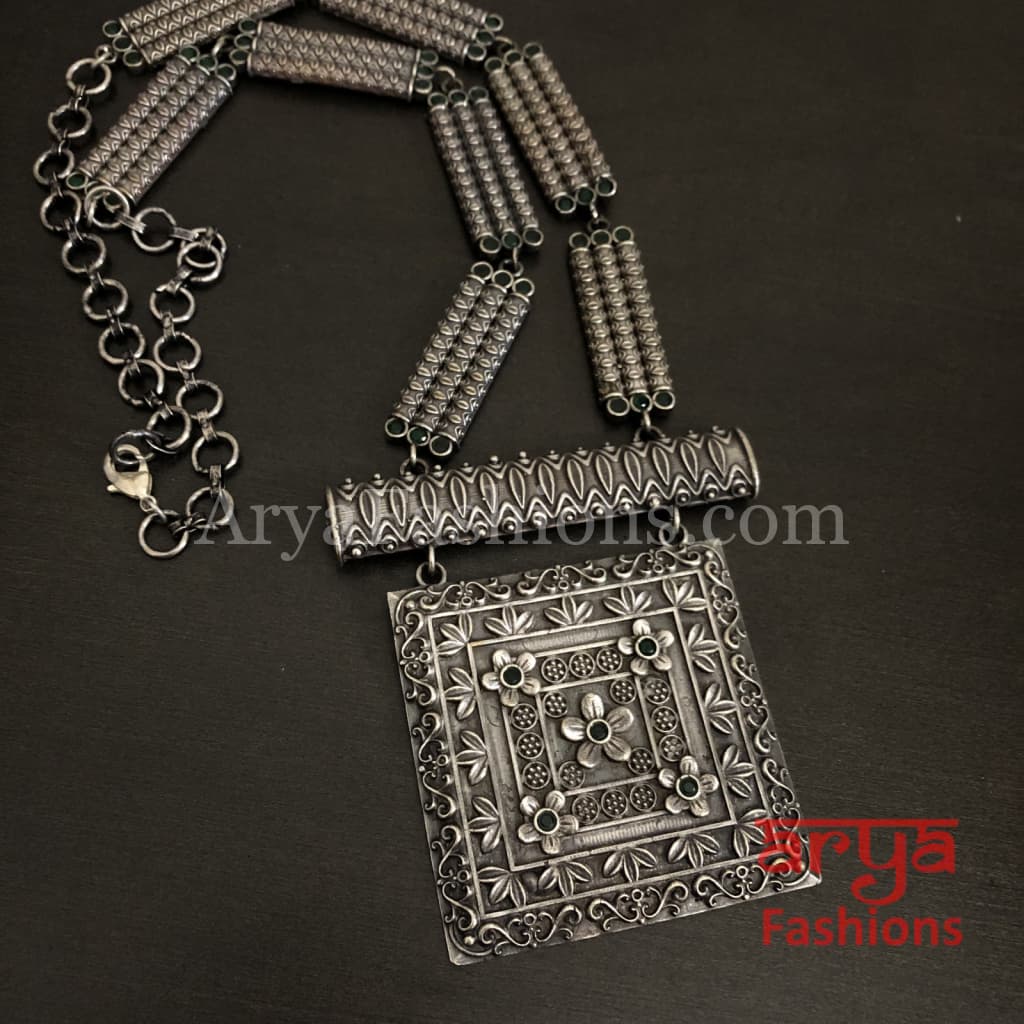 Siya Square Pendant German Silver Tribal Necklace