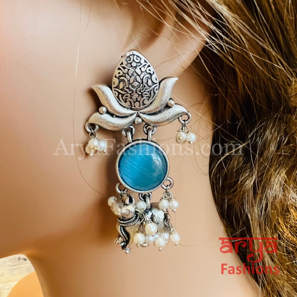 Soha Colored stone Silver like Oxidized Earrings