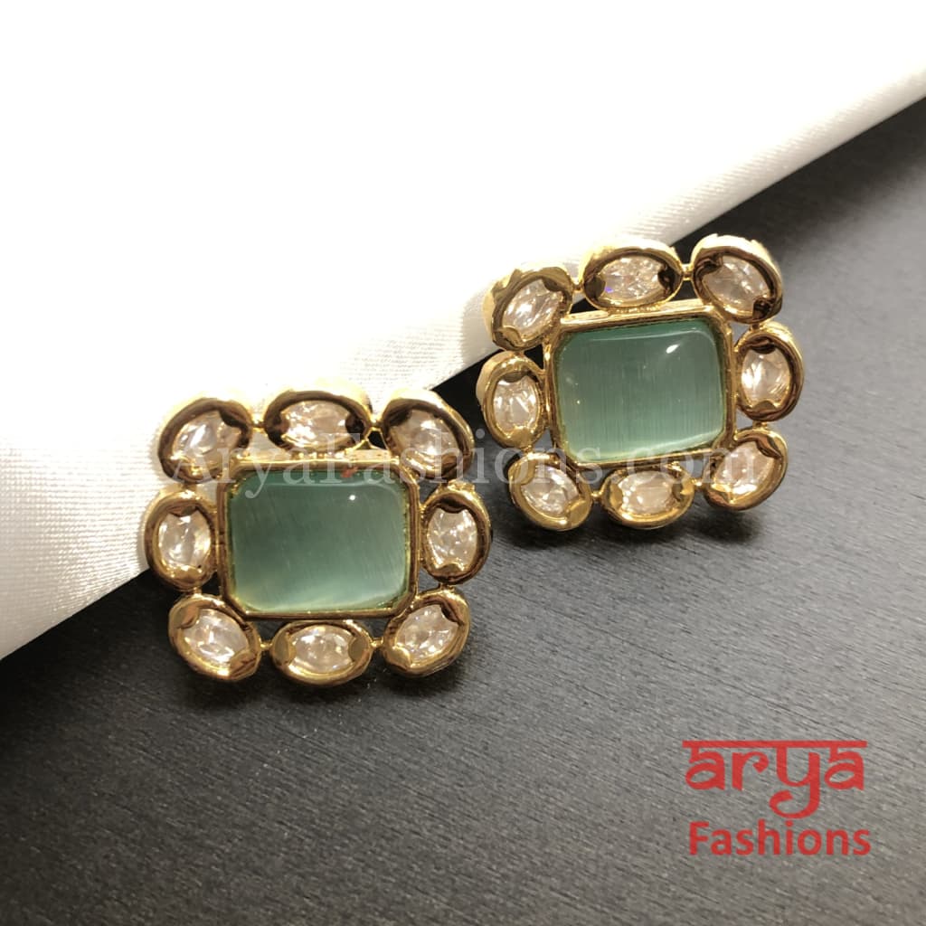Square Kundan Stud Earrings with colored stones
