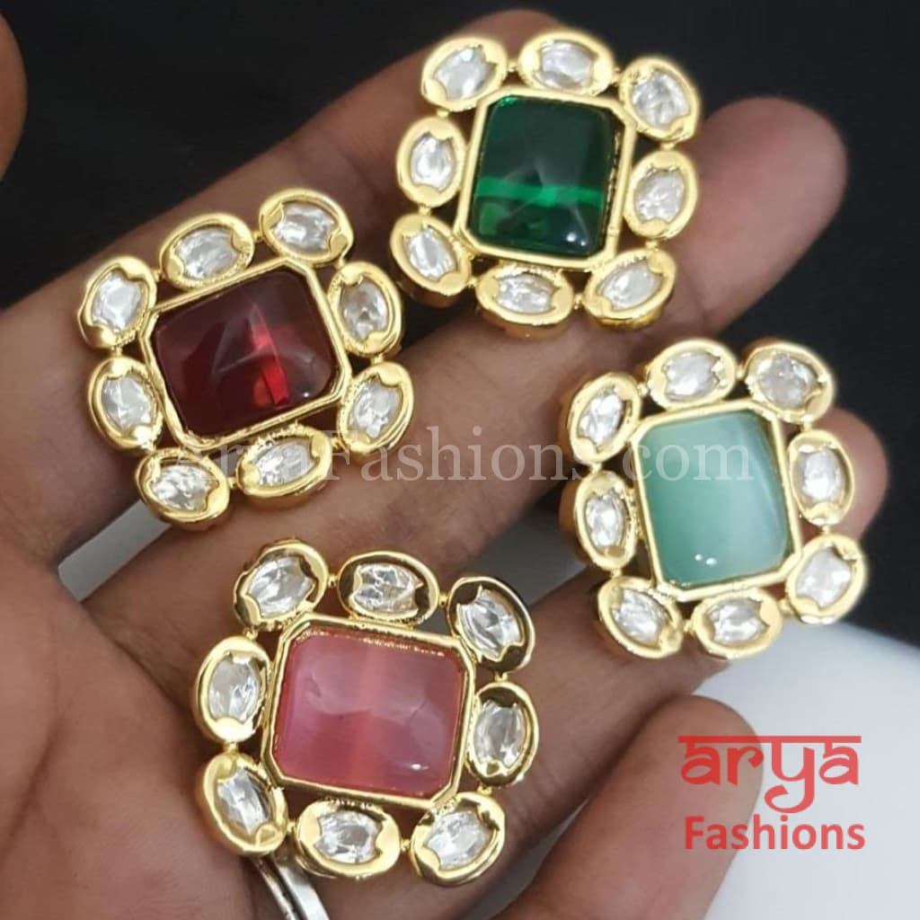 Square Kundan Stud Earrings with colored stones