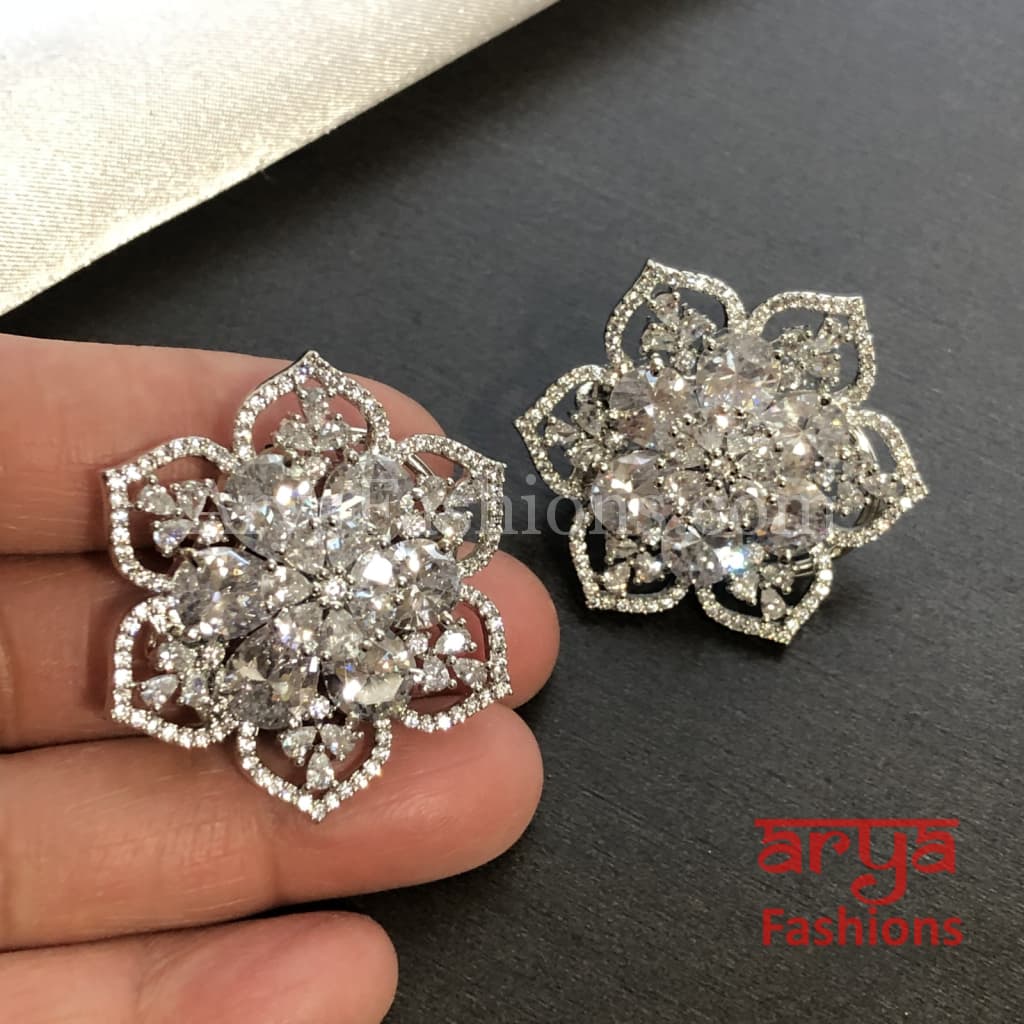 Star Shaped Silver Cubic Zirconia Round Studs with Blue Stones