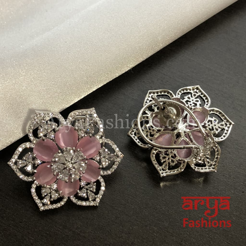 Star Shaped Silver Cubic Zirconia Round Studs with Blue Stones