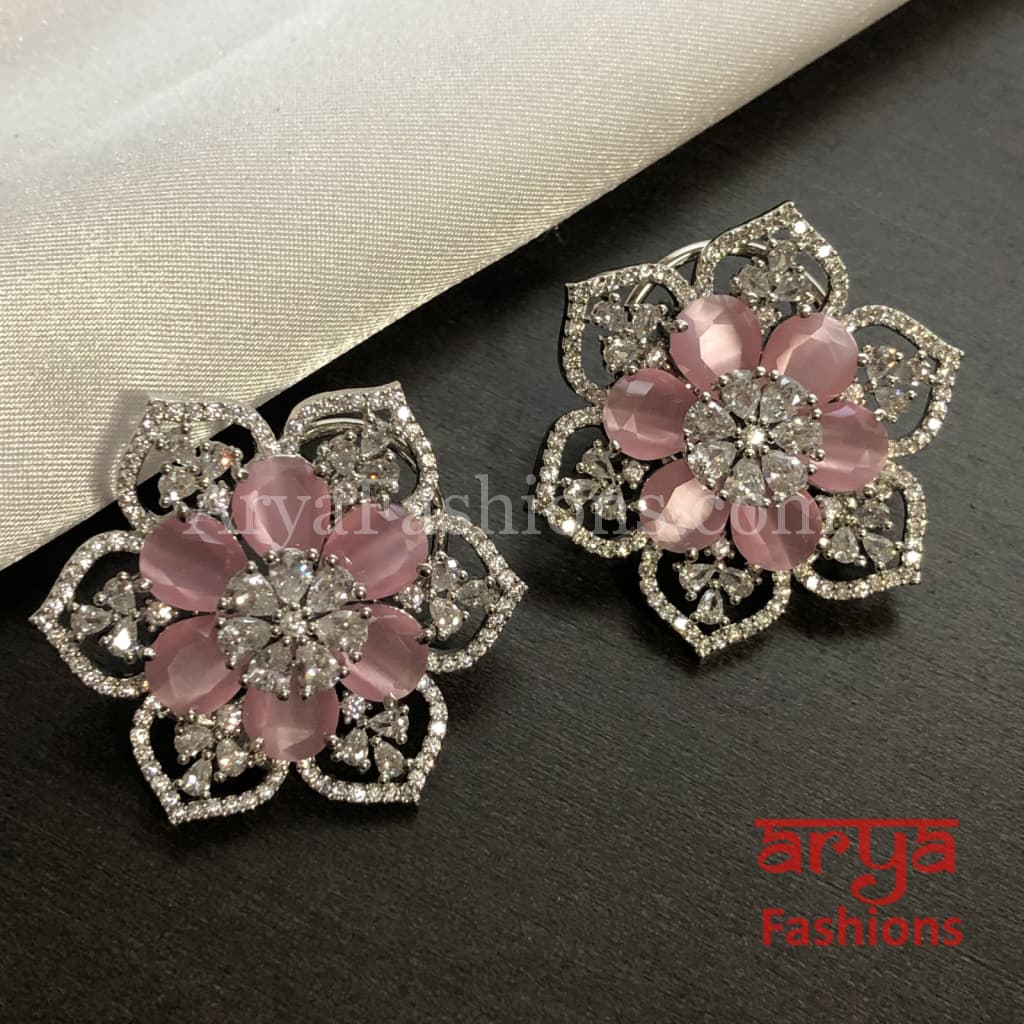 Star Shaped Silver Cubic Zirconia Round Studs with Blue Stones