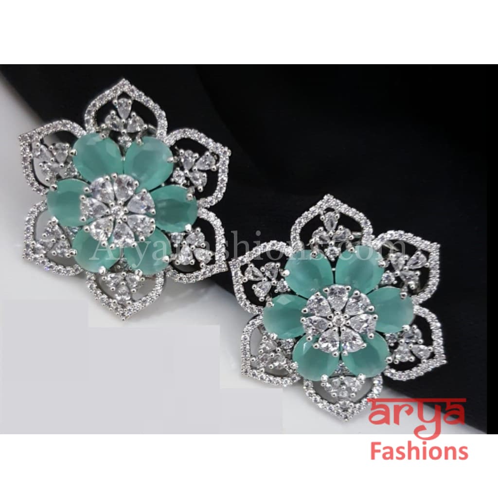 Star Shaped Silver Cubic Zirconia Round Studs with Blue Stones