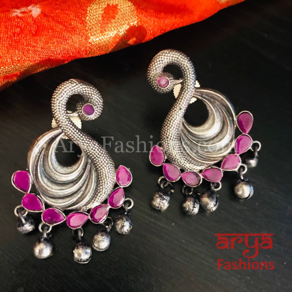 Swan Silver Oxidized Ethnic Earrings with colored stones