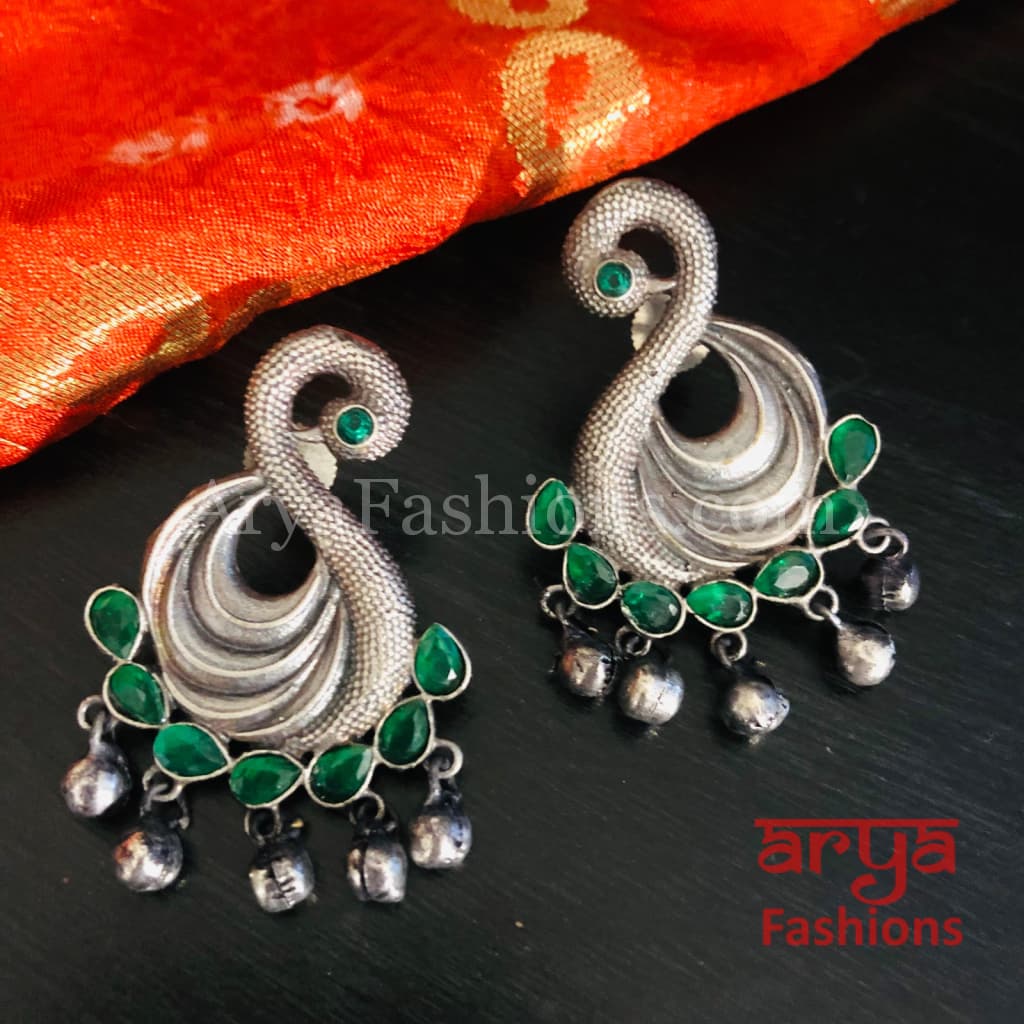 Swan Silver Oxidized Ethnic Earrings with colored stones