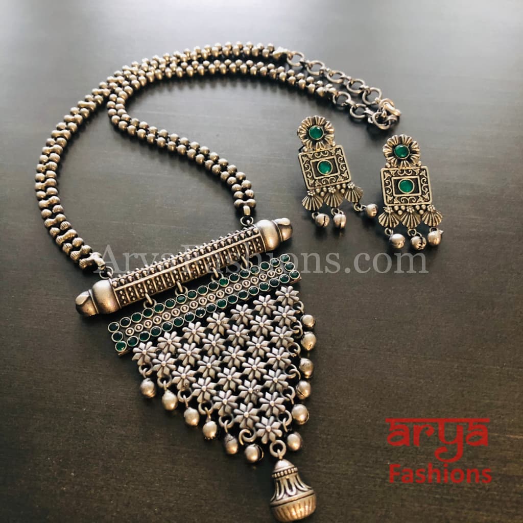 Tani Oxidized Silver Tribal Necklace with Green Stones / Statement