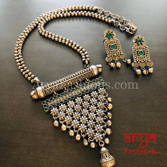 Tani Oxidized Silver Tribal Necklace with Green Stones / Statement