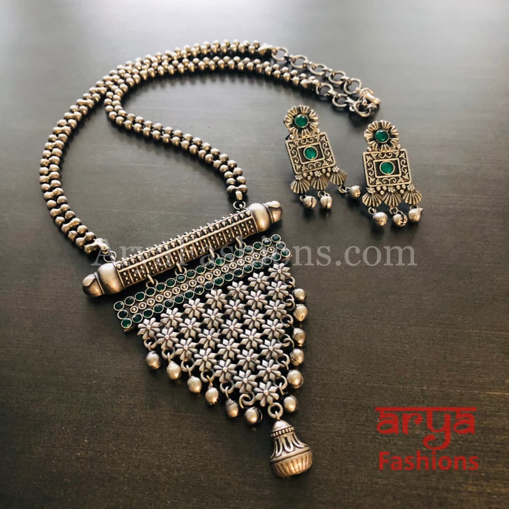 Tani Oxidized Silver Tribal Necklace with Green Stones / Statement