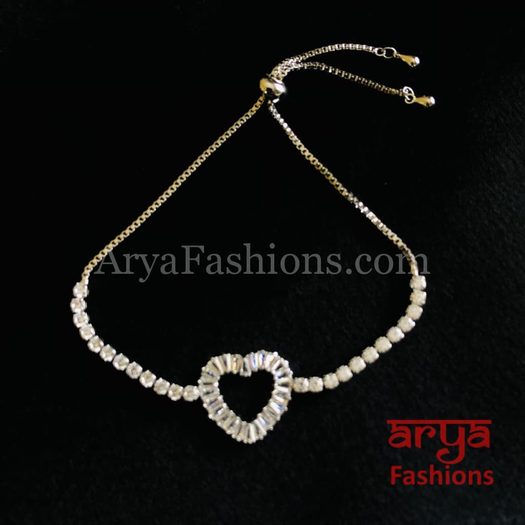 Tanvi Silver CZ Heart Shaped Chain Bracelet/ Ethnic Bracelet