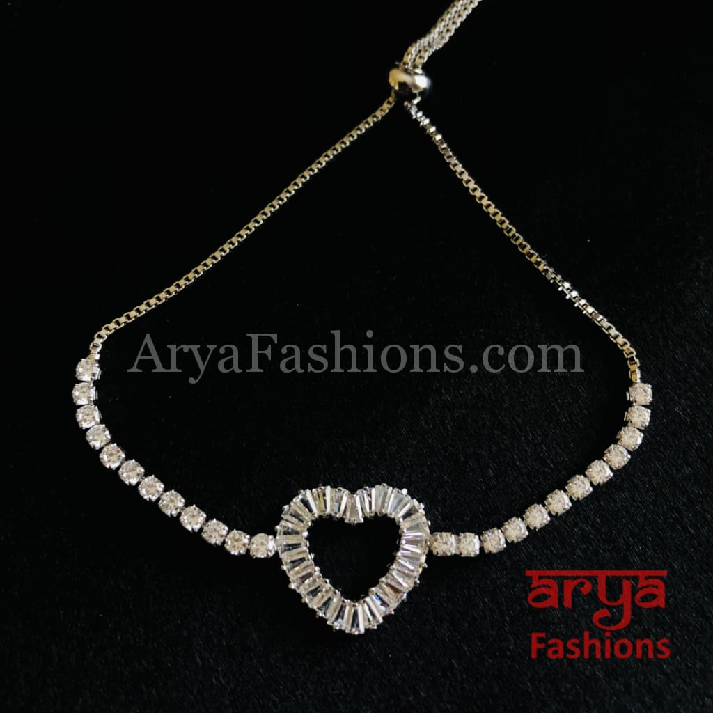 Tanvi Silver CZ Heart Shaped Chain Bracelet/ Ethnic Bracelet