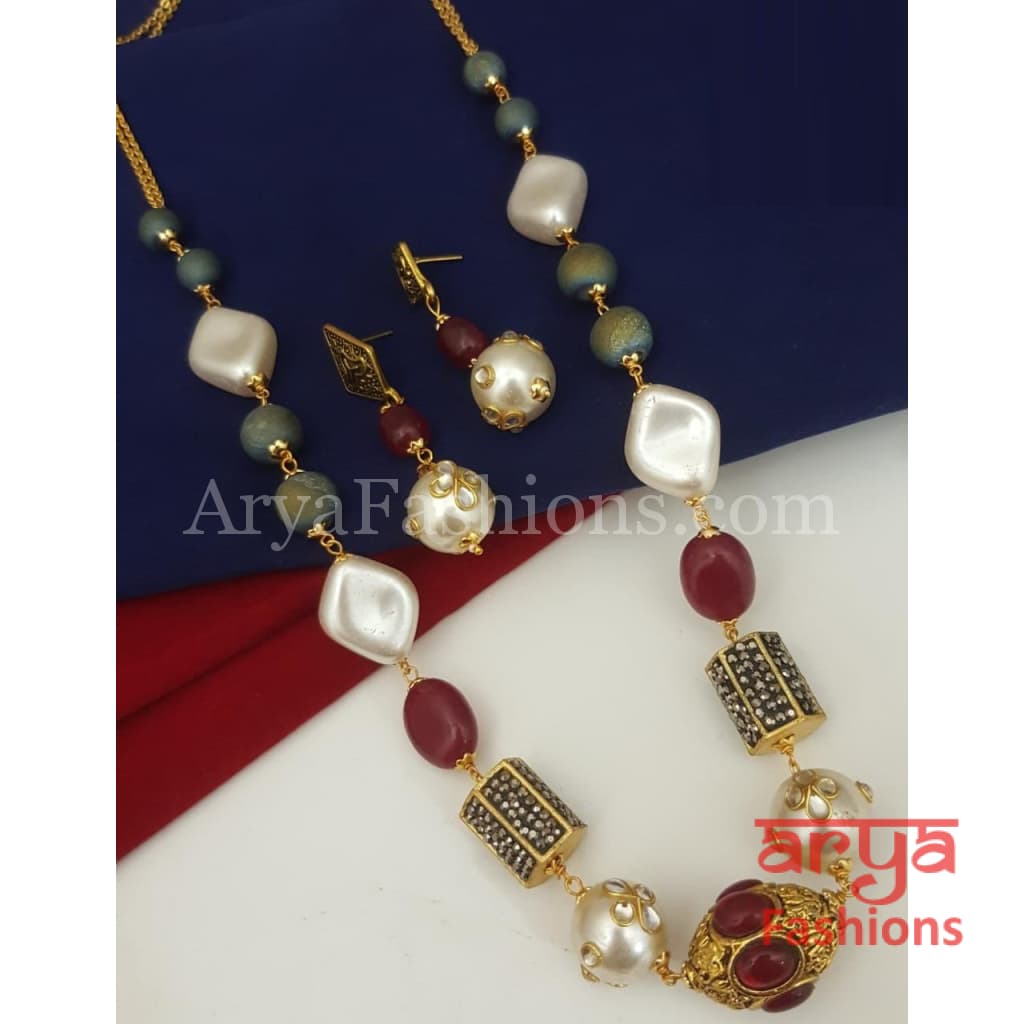 Traditional Colorful Beads Mala Necklace with Earrings