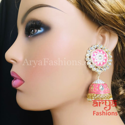 Traditional Golden Meenakari Jhumka Earrings