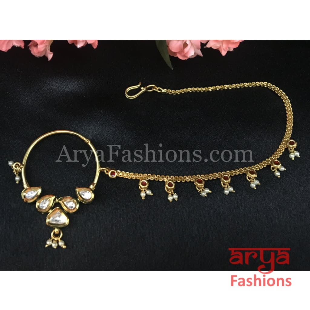 Traditional Kundan Nose Ring with Pearls