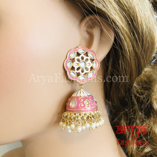 Traditional Meenakari Jhumka Earrings with Pearl beads