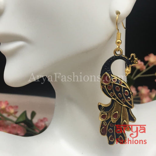 Traditional Peacock Earrings in Black Meenakari