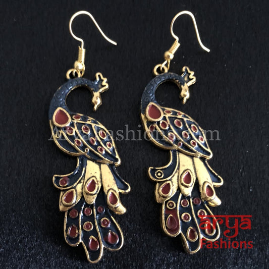 Traditional Peacock Earrings in Black Meenakari