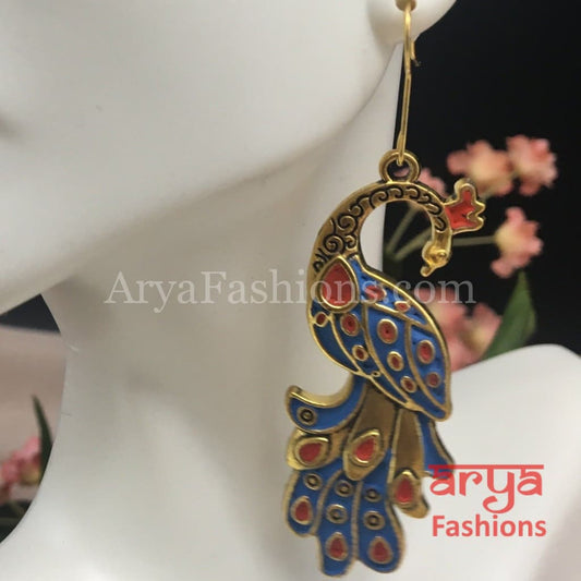 Traditional Peacock Earrings in Blue and Red Meenakari