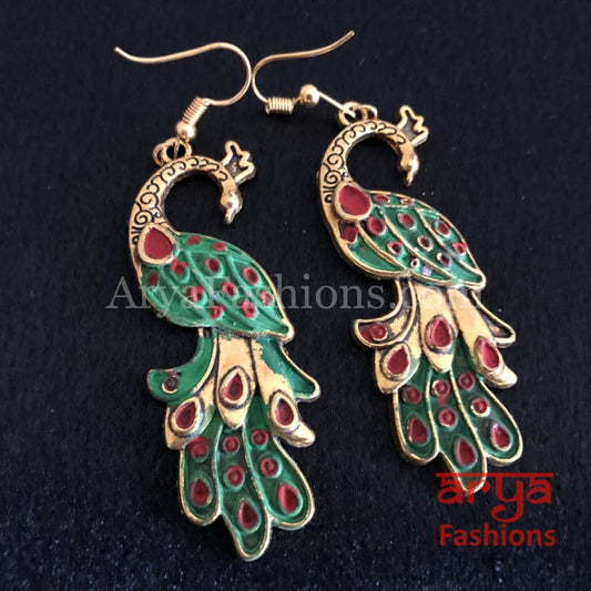 Traditional Peacock Earrings in Green Meenakari