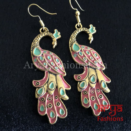 Traditional Peacock Earrings in Pink Meenakari