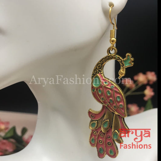 Traditional Peacock Earrings in Pink Meenakari