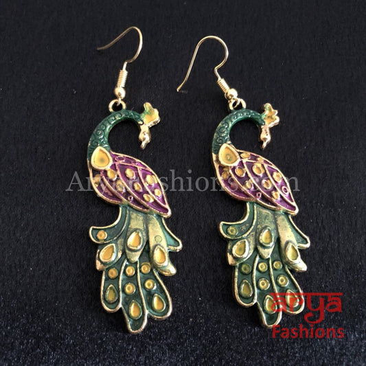 Traditional Peacock Earrings in Purple Meenakari