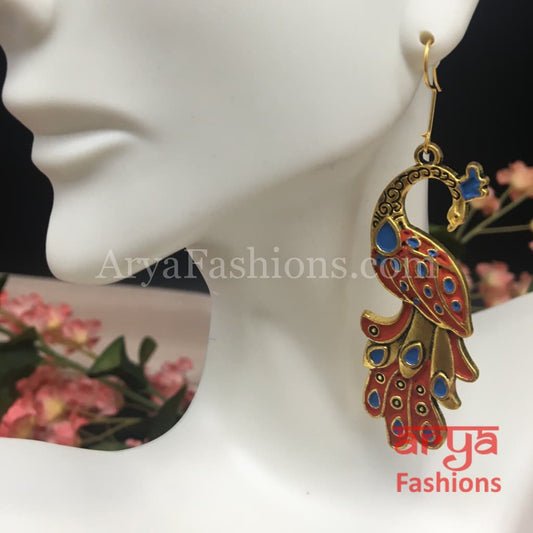 Traditional Peacock Earrings in Red and Blue Meenakari