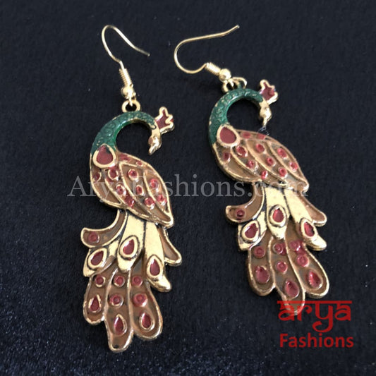 Traditional Peacock Earrings in Red and Green Meenakari