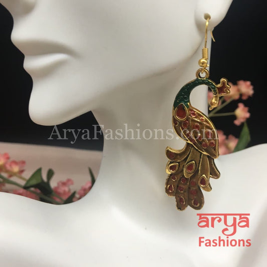 Traditional Peacock Earrings in Red and Green Meenakari