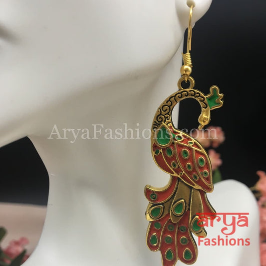 Traditional Peacock Earrings in Red Meenakari