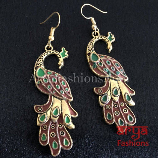 Traditional Peacock Earrings in Red Meenakari