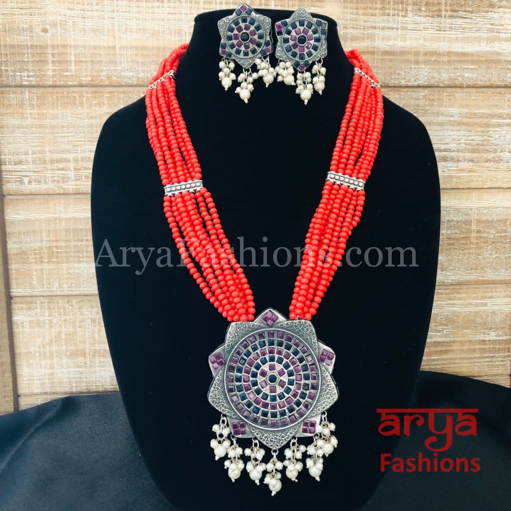 Trisha Oxidized Silver Beaded Necklace with Pendant