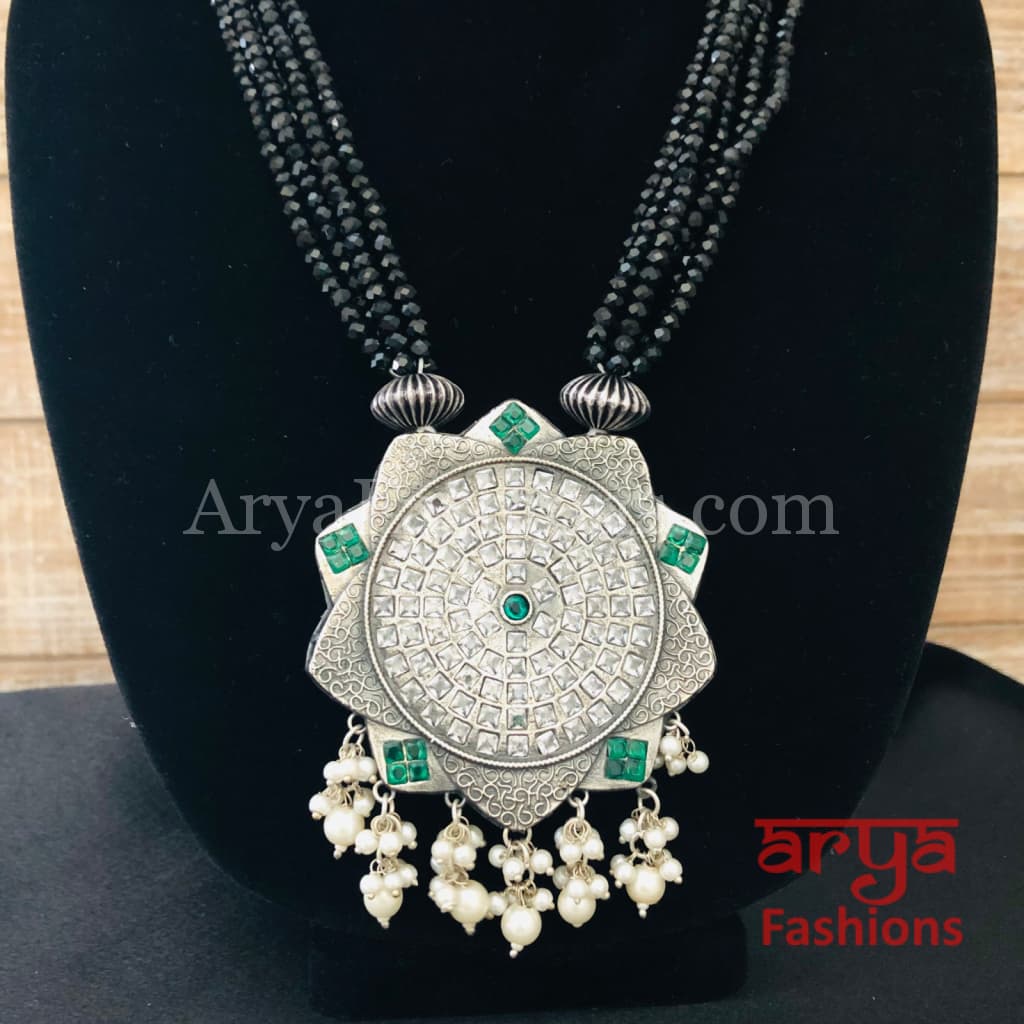 Trisha Oxidized Silver Beaded Necklace with Pendant