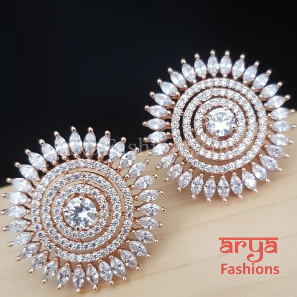 Trisha CZ Studs with Silver stones in Victorian Rose Gold Golden Finish/ Ethnic