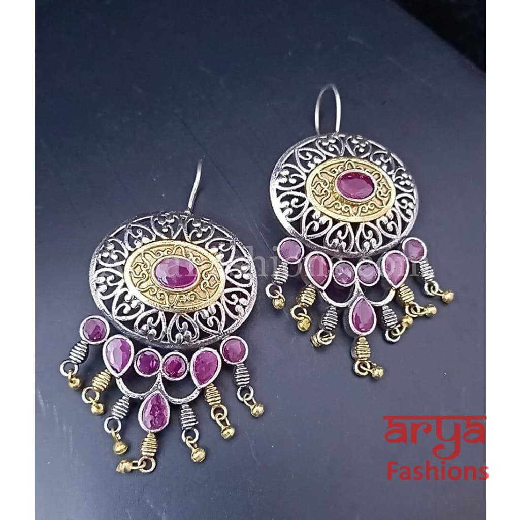 Two Tone Tribal Hoop Earrings with colored stones