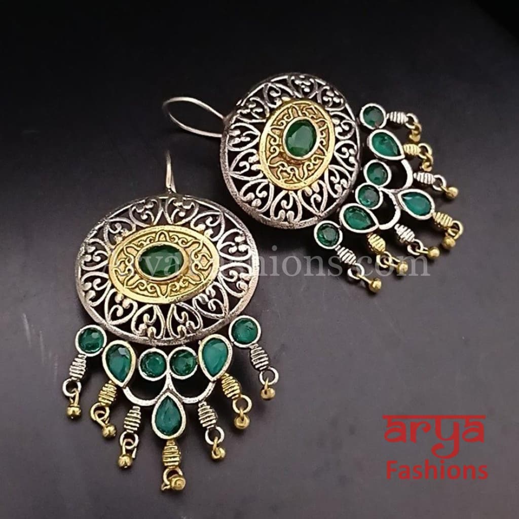 Two Tone Tribal Hoop Earrings with colored stones